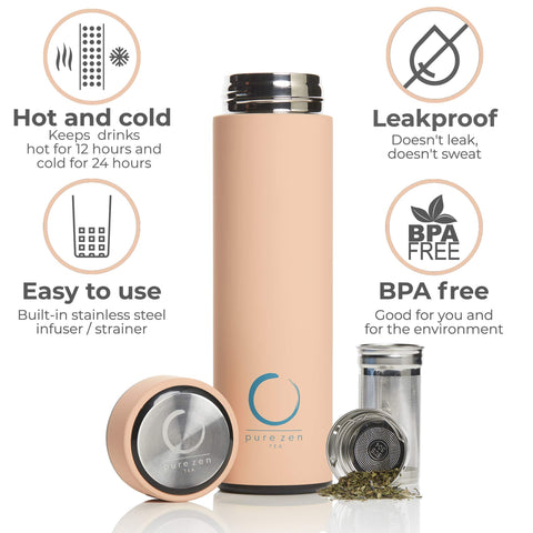 Pure Zen Tea thermos stainless-steel body demonstrates durable, rust-resistant construction