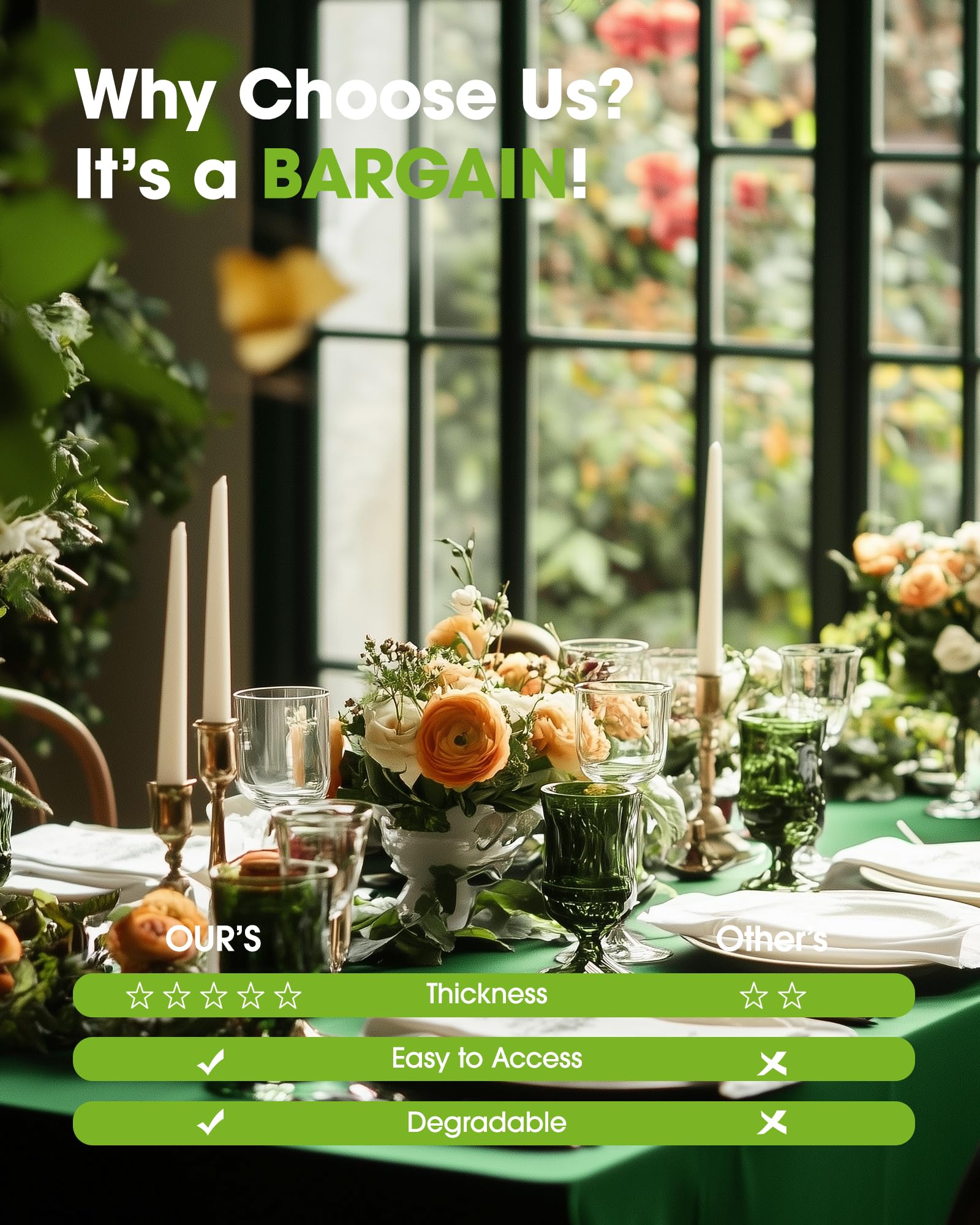 Pureegg 10-pack forest-green tablecloths offer budget-friendly party prep.