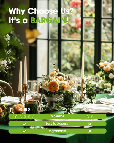 Pureegg 10-pack forest-green tablecloths offer budget-friendly party prep.