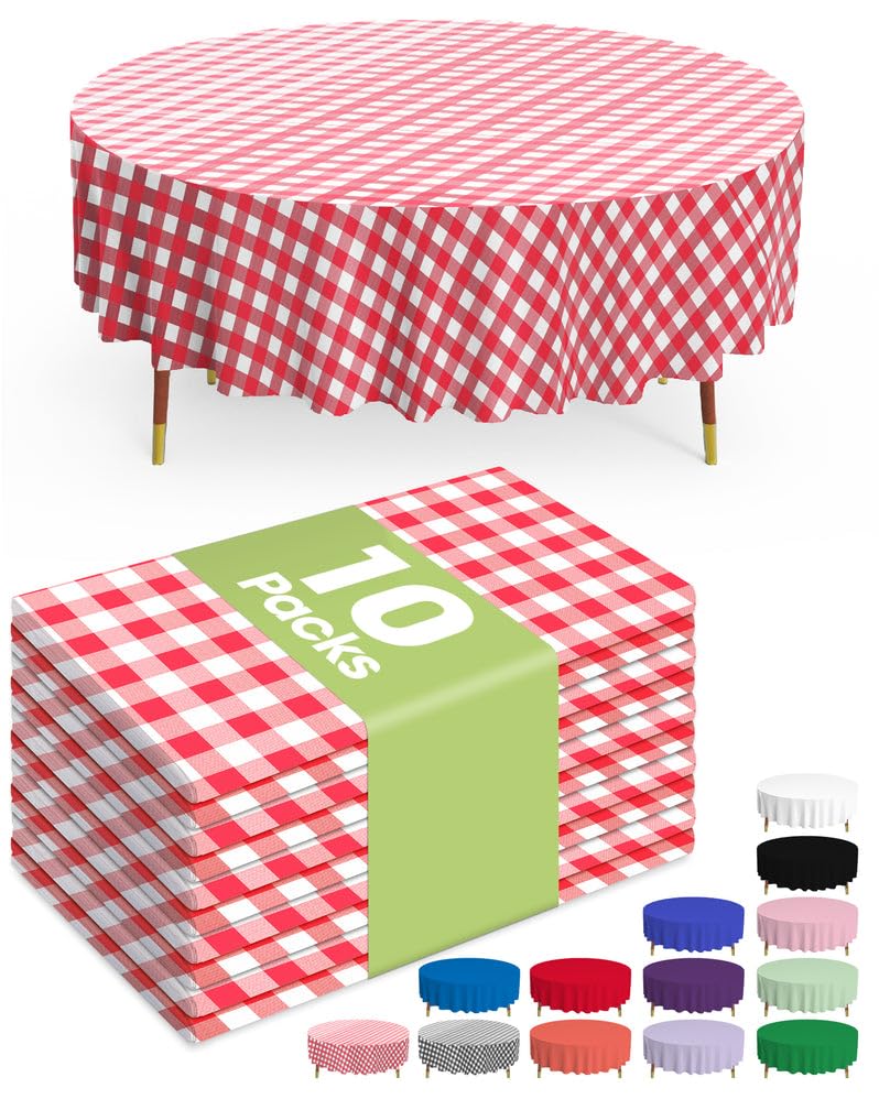 Pureegg 84-inch round red plaid tablecloth on a dining table.