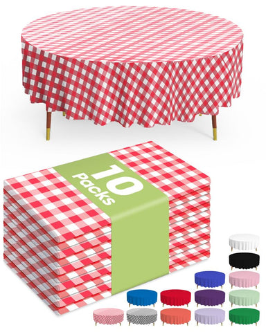 Pureegg 84-inch round red plaid tablecloth on a dining table.