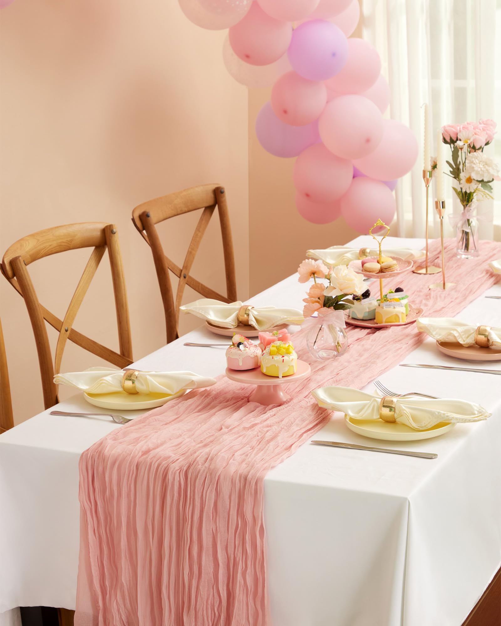 Pureegg cheesecloth table runner dusty pink bridal party display with inviting texture.