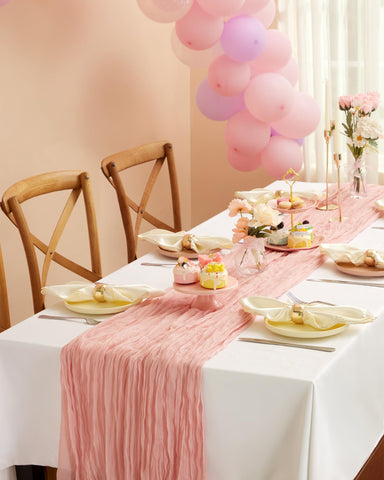 Pureegg cheesecloth table runner dusty pink bridal party display with inviting texture.
