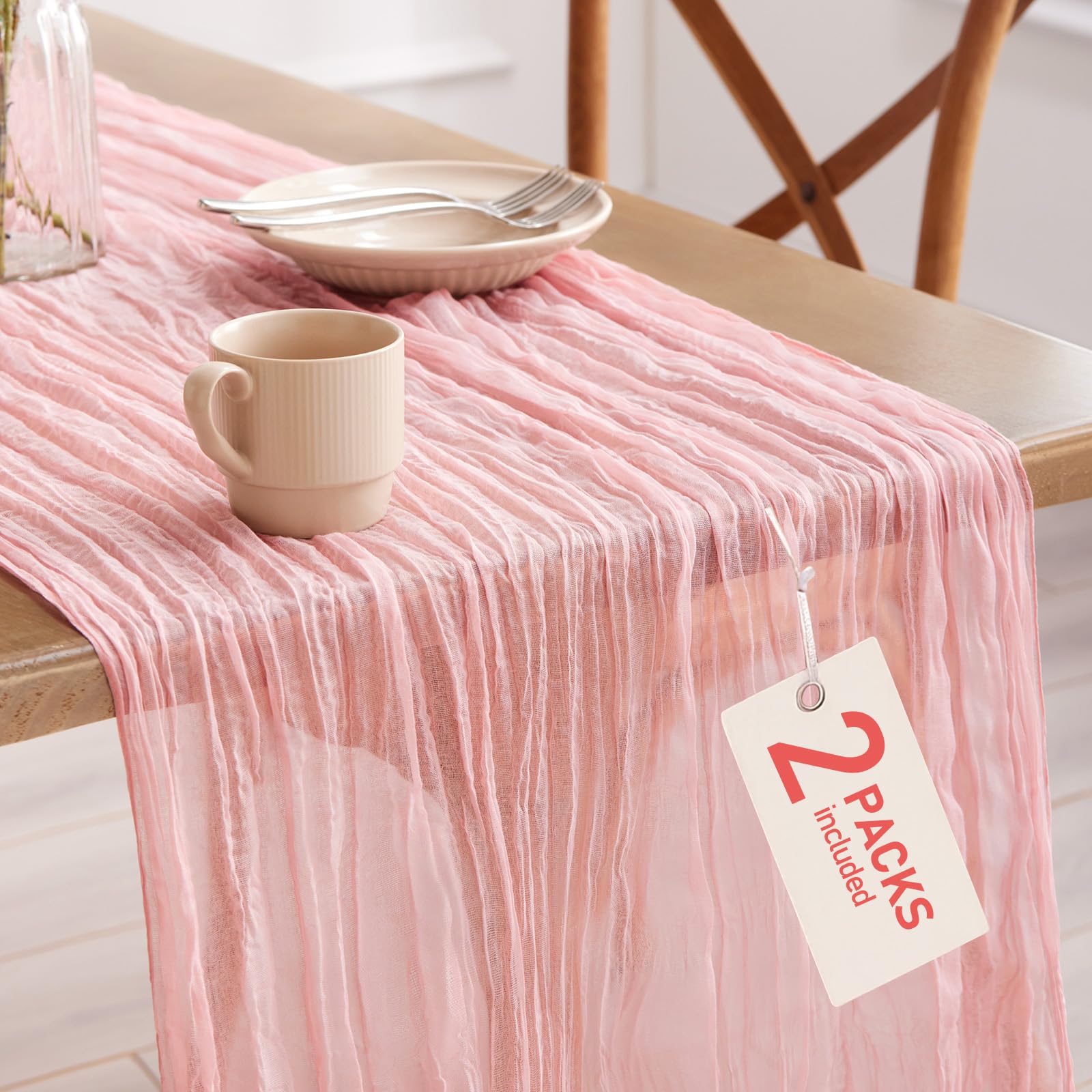 Pureegg cheesecloth table runner in dusty pink close-up weave showing breathable drape.