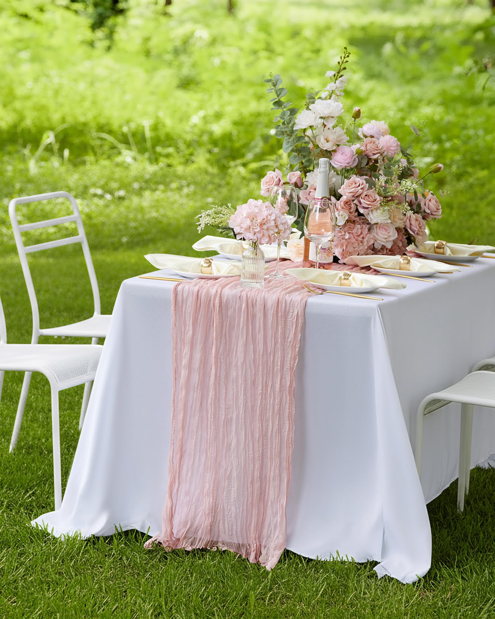 Pureegg cheesecloth table runner dusty pink crinkled fabric adds rustic charm.