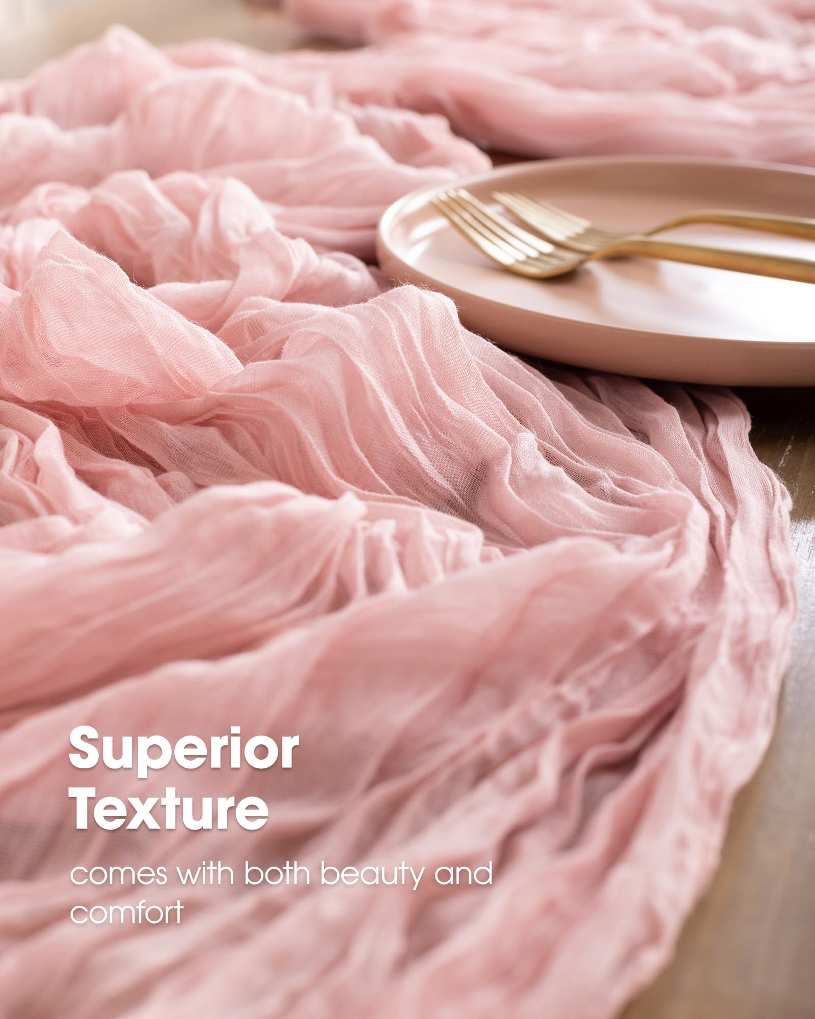 Pureegg cheesecloth table runner dusty pink draped on a table for elegant events.