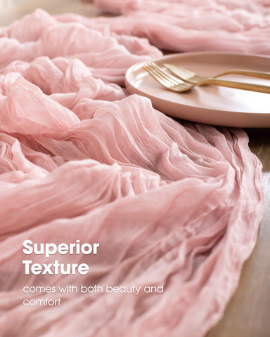 Pureegg cheesecloth table runner dusty pink draped on a table for elegant events.