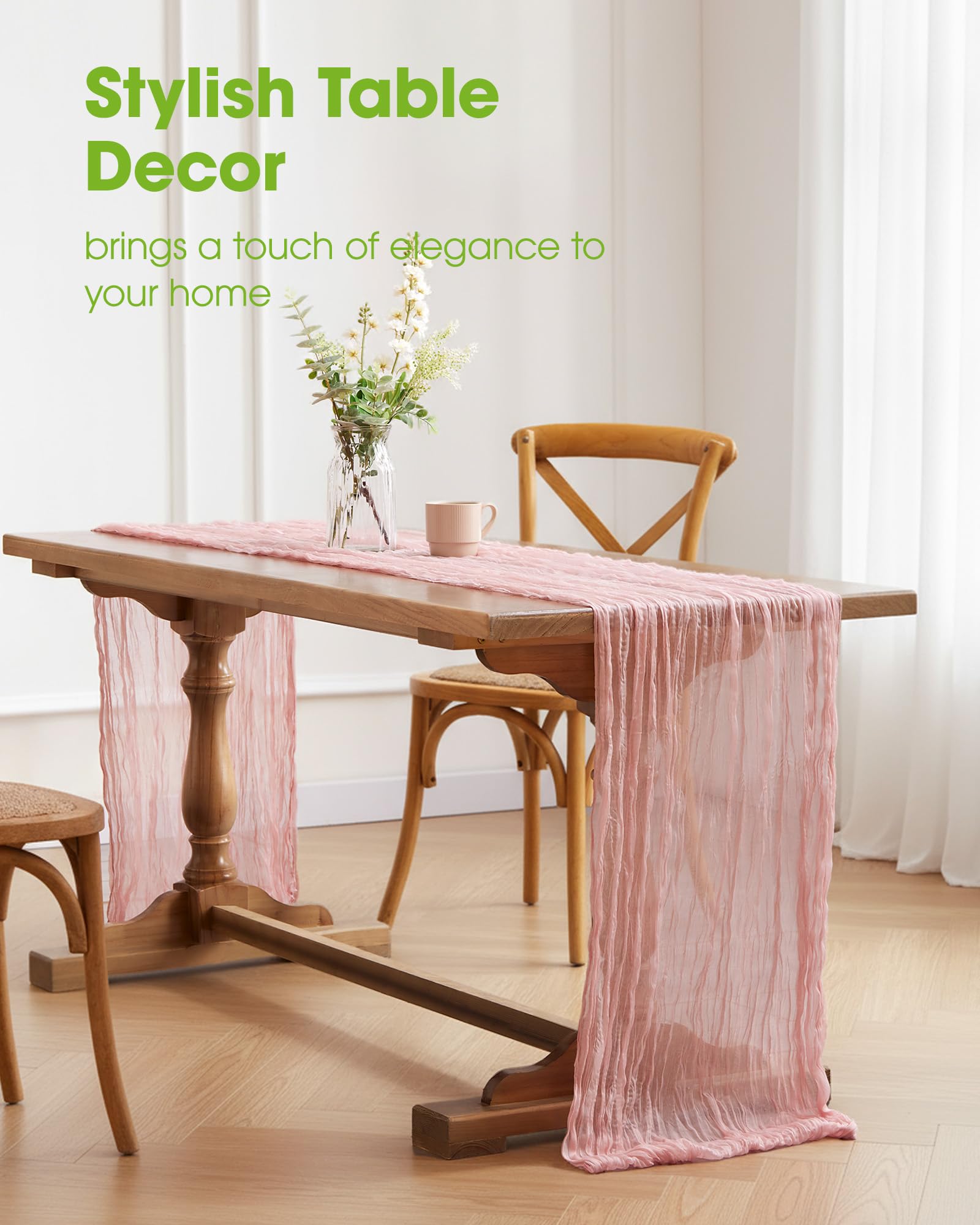 Pureegg cheesecloth table runner dusty pink edge stitching highlights durable finish.