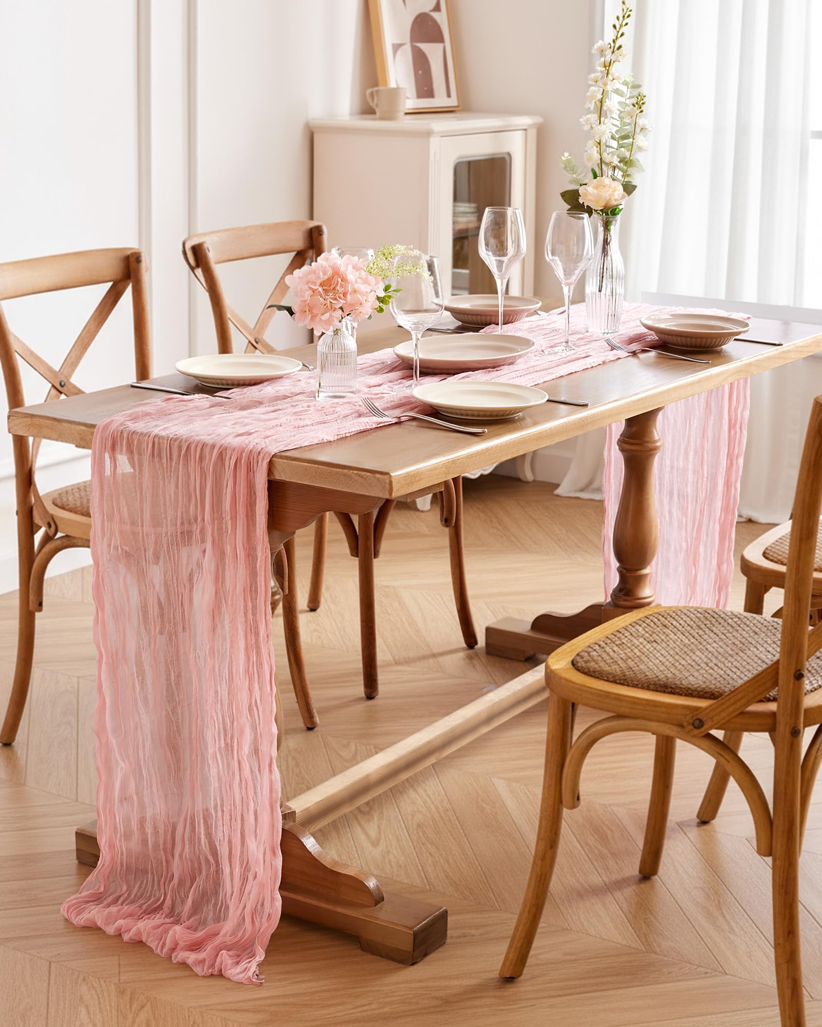 Pureegg cheesecloth table runner dusty pink easy wash for reuse in future events.