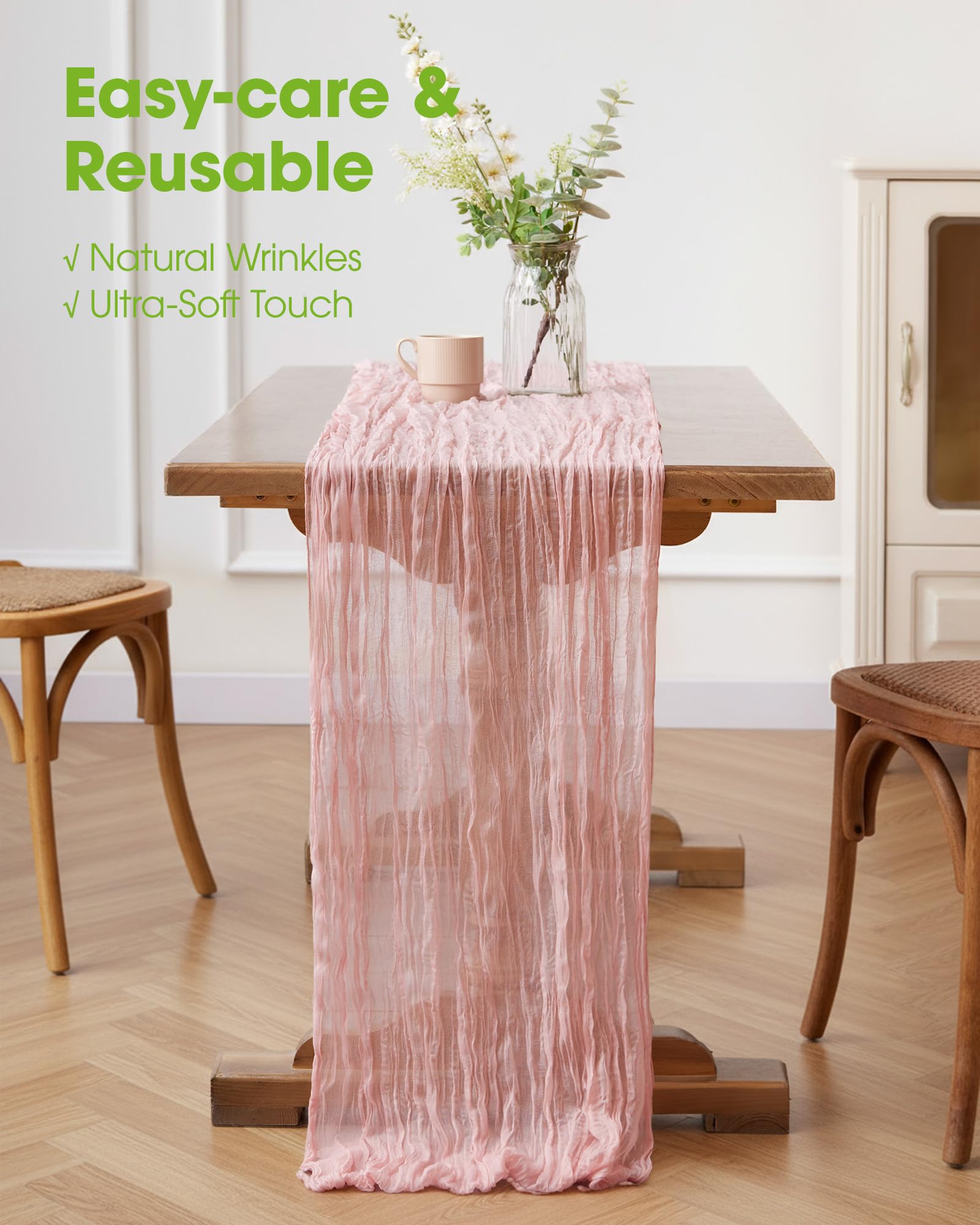 Pureegg cheesecloth table runner dusty pink wedding setting adds subtle rustic sophistication.