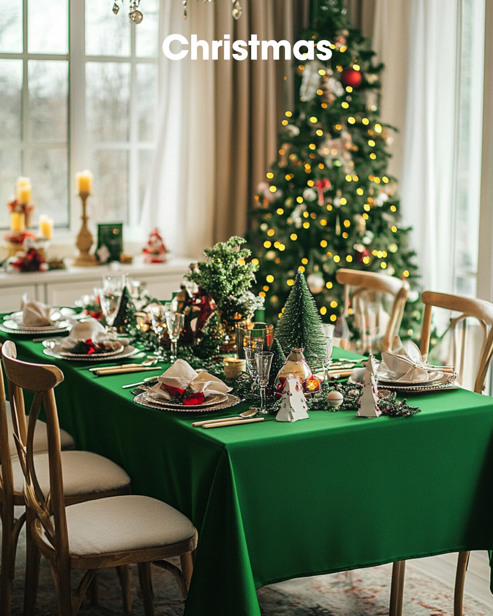 Pureegg fold-friendly forest-green tablecloth installs quickly on various tables.