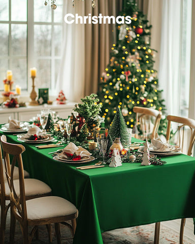 Pureegg fold-friendly forest-green tablecloth installs quickly on various tables.