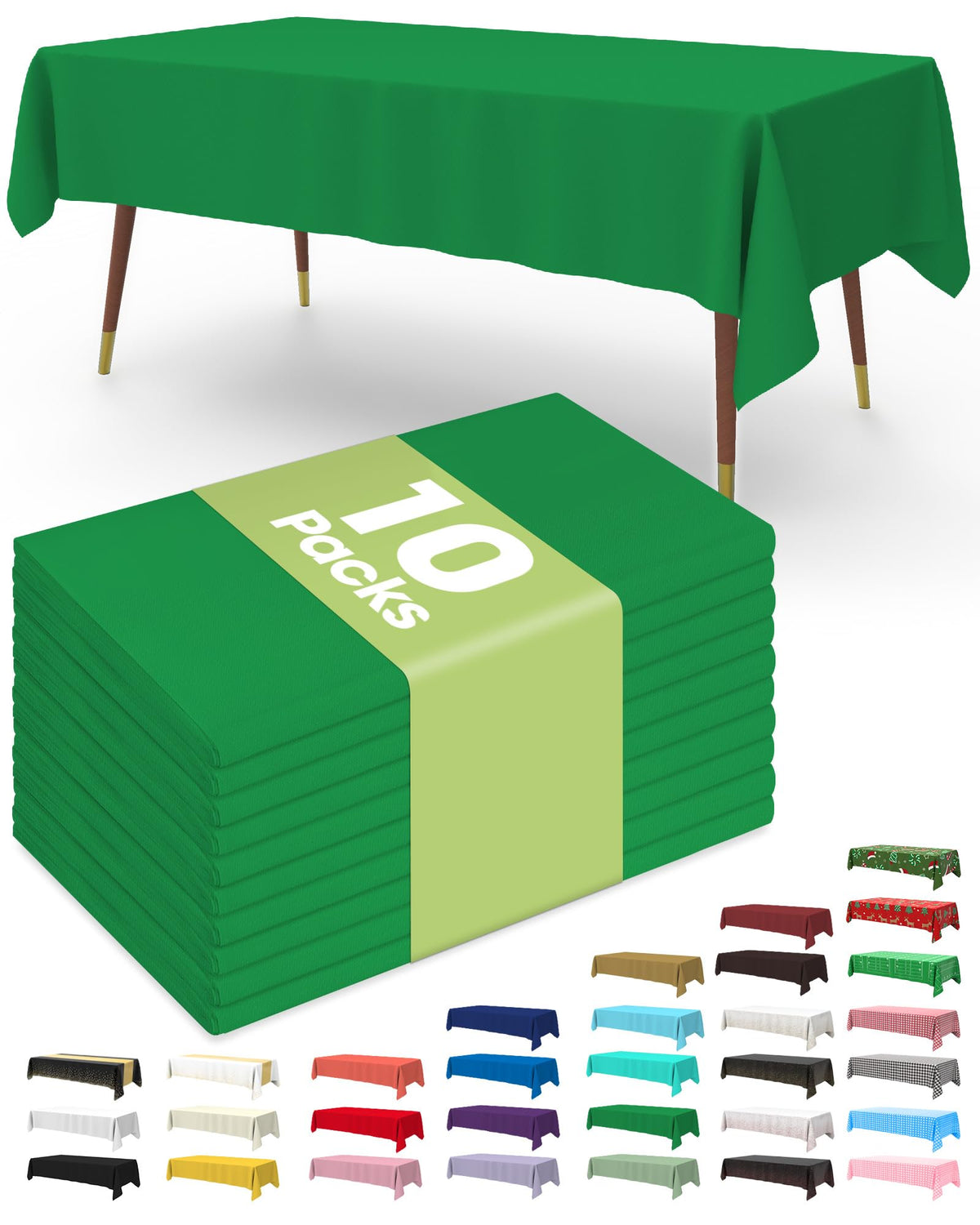 Pureegg forest-green tablecloth 54in x 108in covers a table with a sturdy disposable shield.