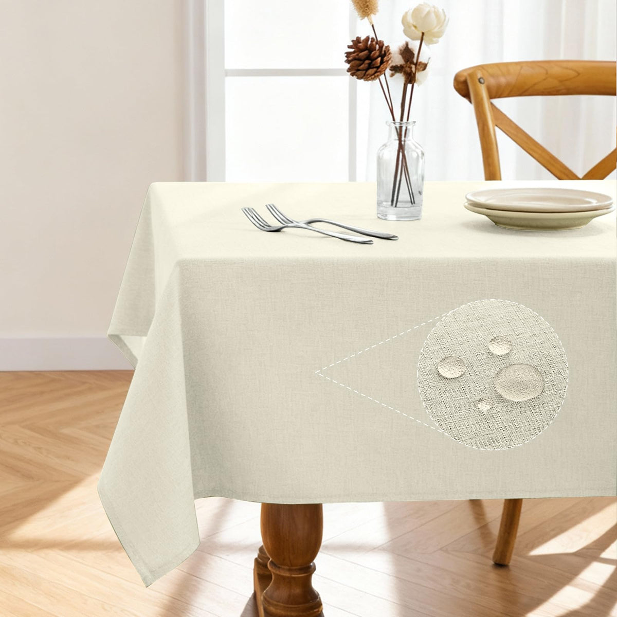 Pureegg rectangle tablecloth with waterproof surface protects spills during meals.