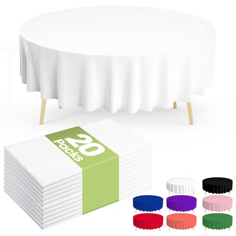 Pureegg 84-inch round white disposable tablecloth laid on a table for events