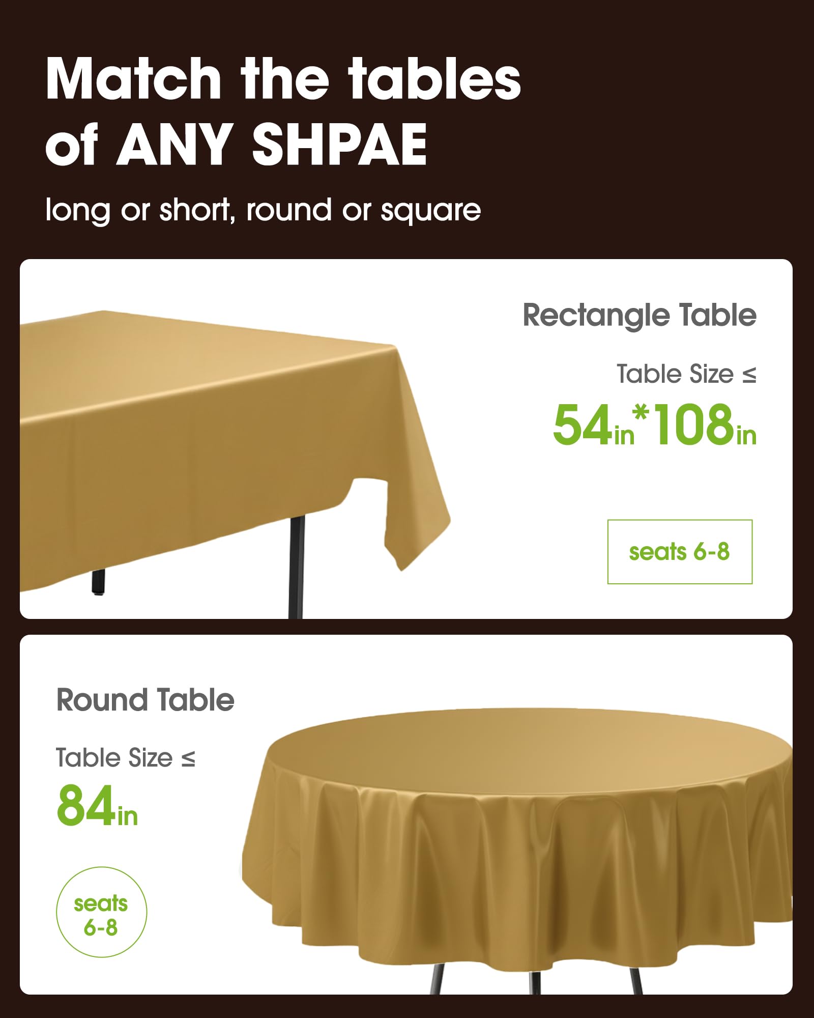 Pureegg 10-pack gold disposable tablecloth for quick cleanup after meals.