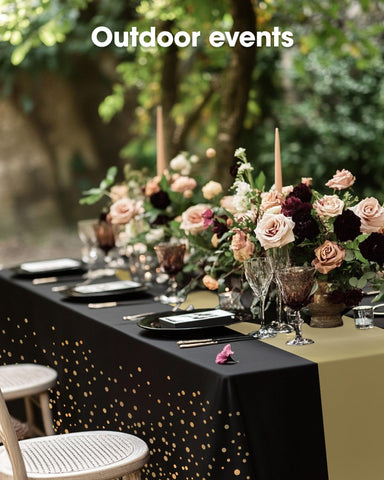 Folding buffet setup with Pureegg tablecloth and trays.