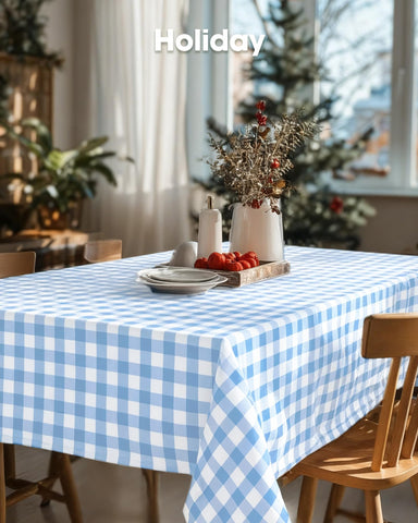 Pureegg blue plaid tablecloth ideal for dining room setups.