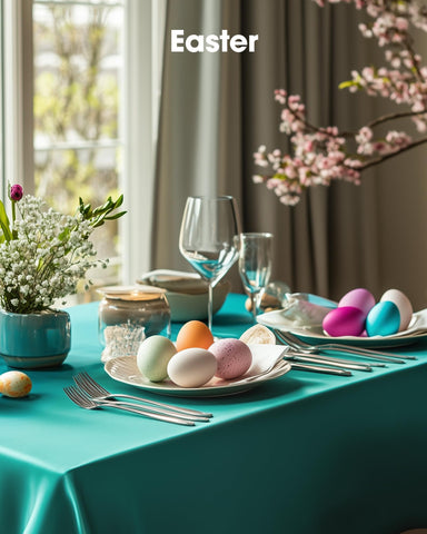 Pureegg bulk-pack teal tablecloth provides budget-friendly party setup.