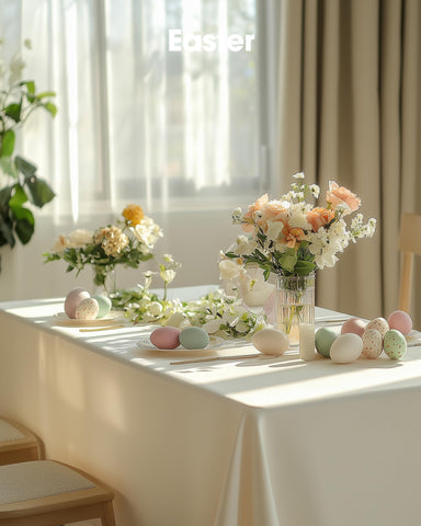 Pureegg color options beige cream ivory on display for various tables