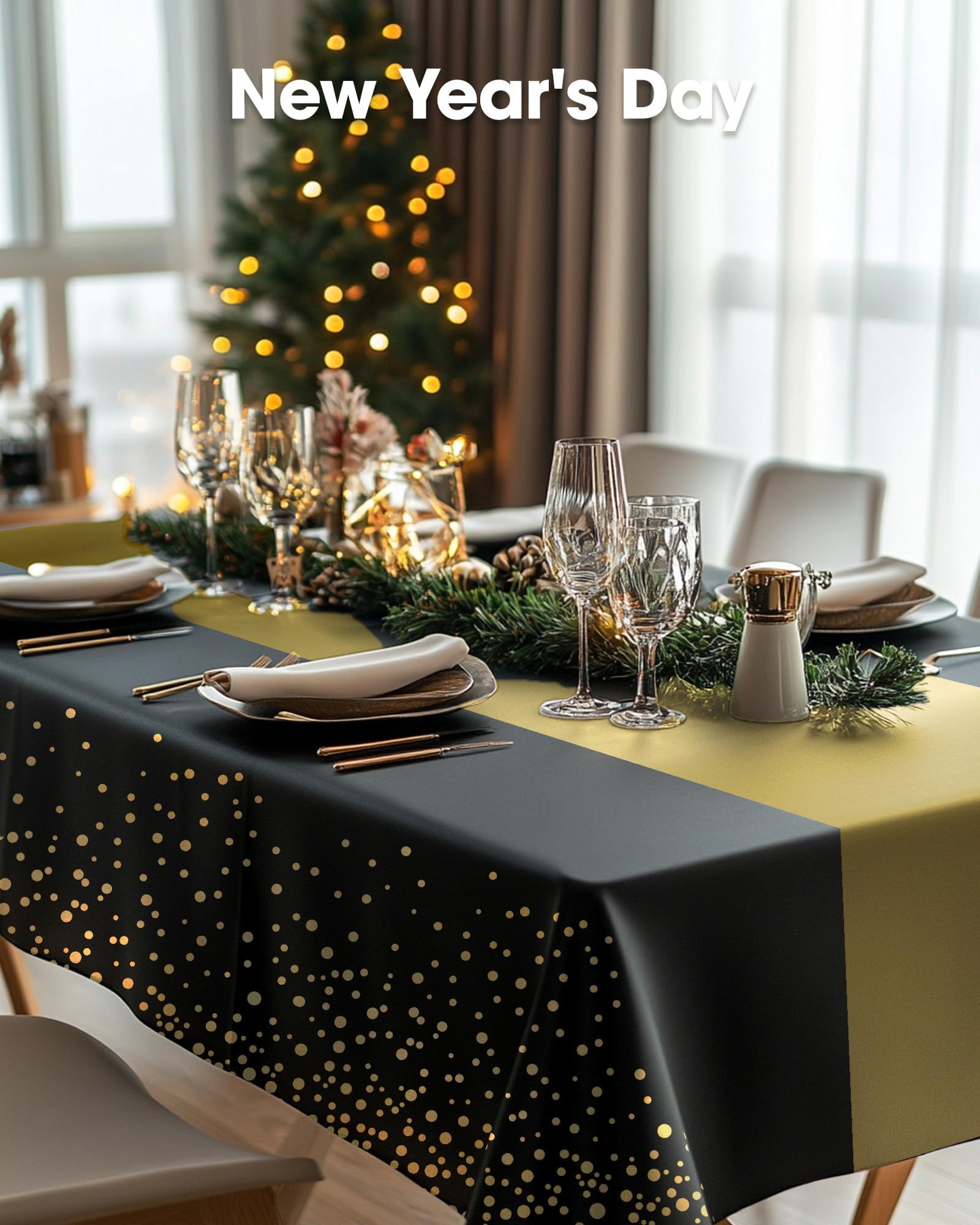 Graduation decor with Pureegg black-gold tablecloth enhances ambiance.