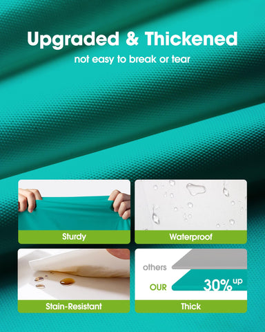Pureegg outdoor dining teal tablecloth creates a vibrant backdrop while protecting surfaces.