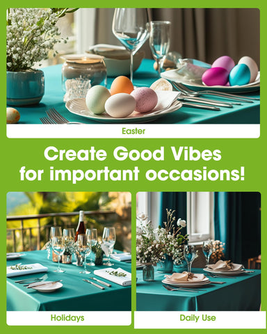 Pureegg stainproof waterproof teal tablecloth protects surfaces from spills.