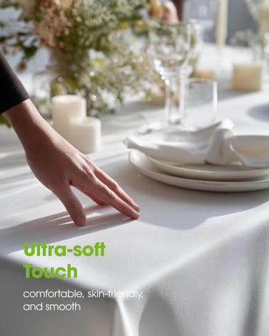 Machine washable Pureegg tablecloth emphasized for easy cleaning.
