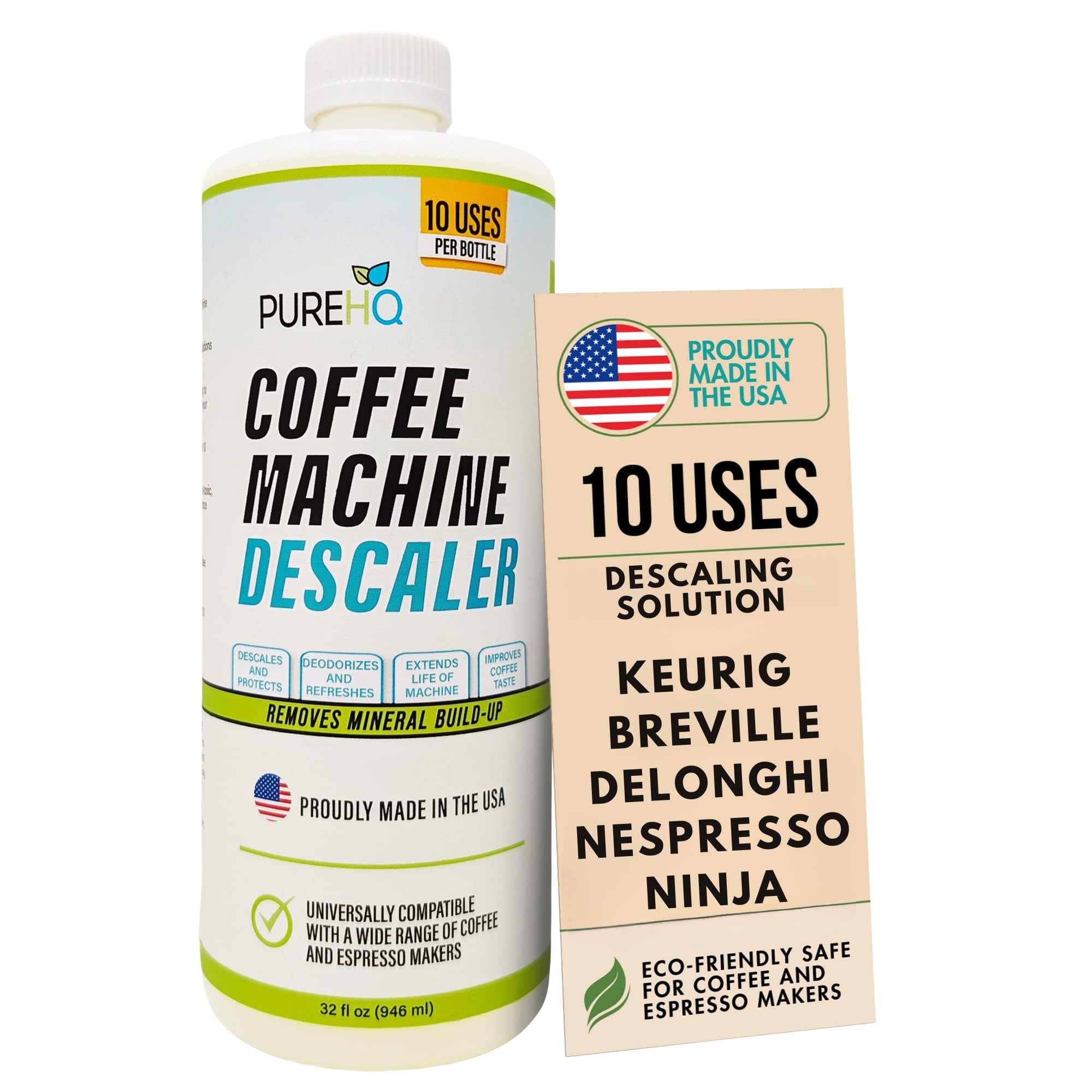 PUREHQ coffee descaler 10-uses bottle enables easy maintenance for multiple machines.