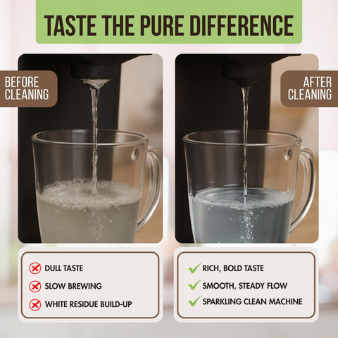PUREHQ descaler bottle with label highlights simple dilution and thorough rinsing.