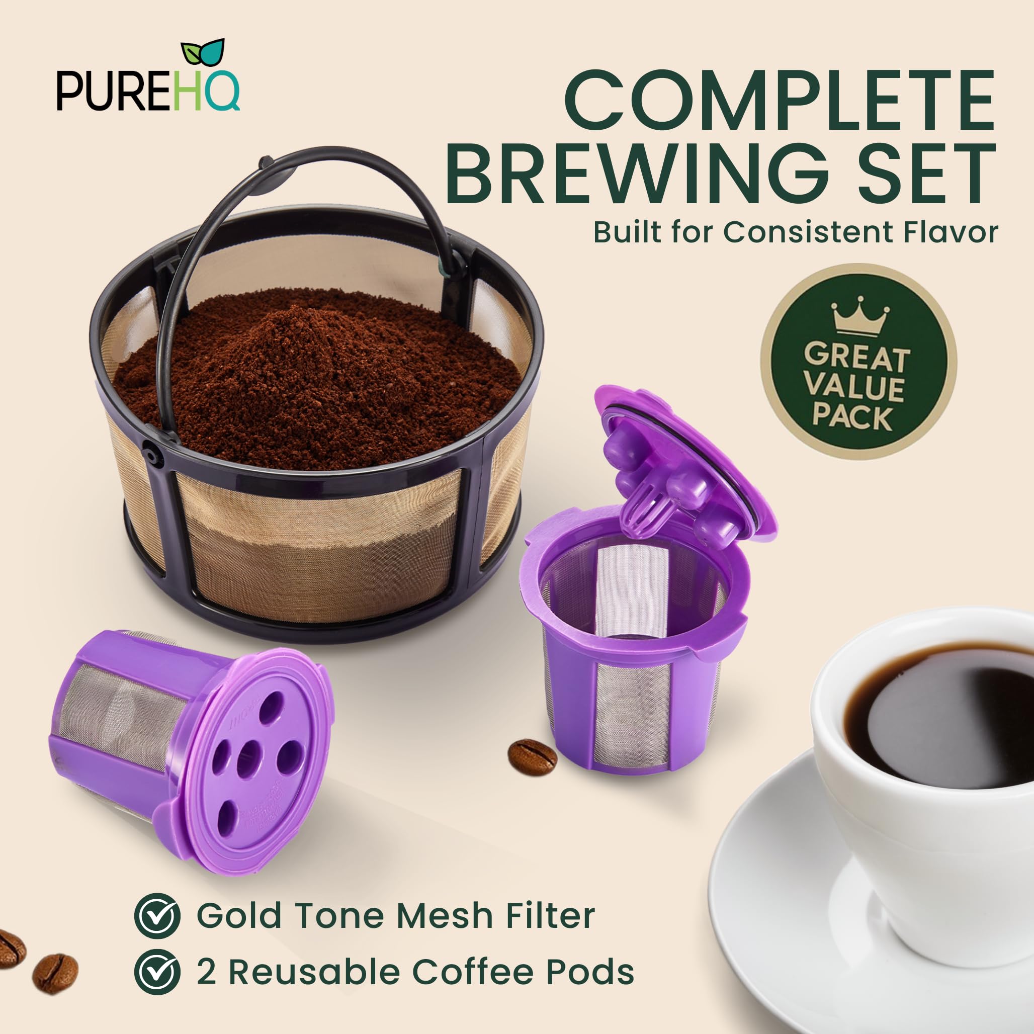 PUREHQ gold-tone filter close-up showing durable mesh