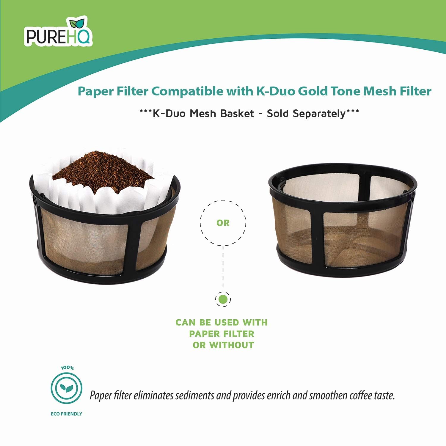 PUREHQ filter fits Gold Tone Mesh Basket Carafe for 8–12 cup brews.