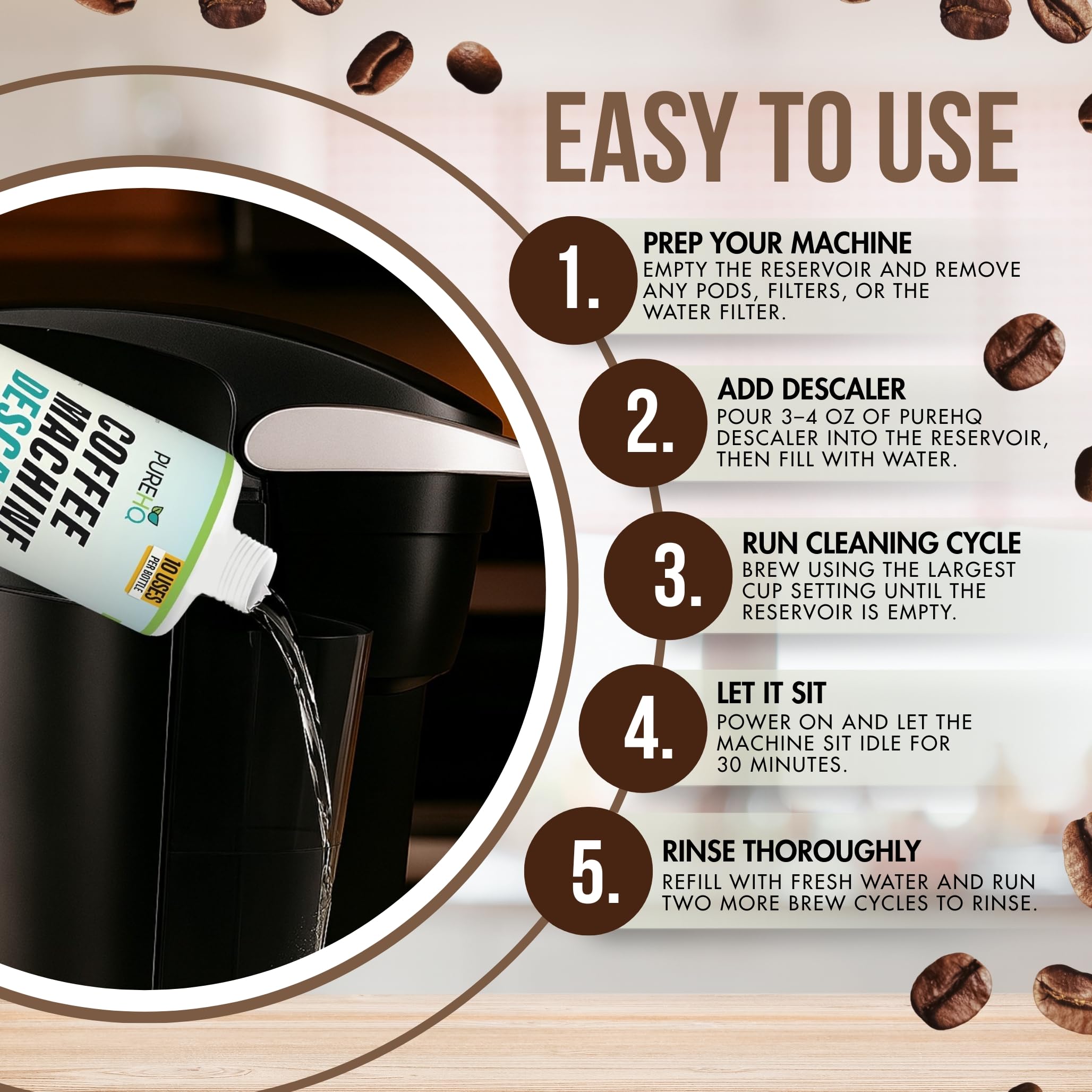 PUREHQ restores coffee flavor by removing mineral buildup and improving water flow.