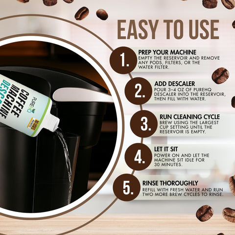 PUREHQ restores coffee flavor by removing mineral buildup and improving water flow.
