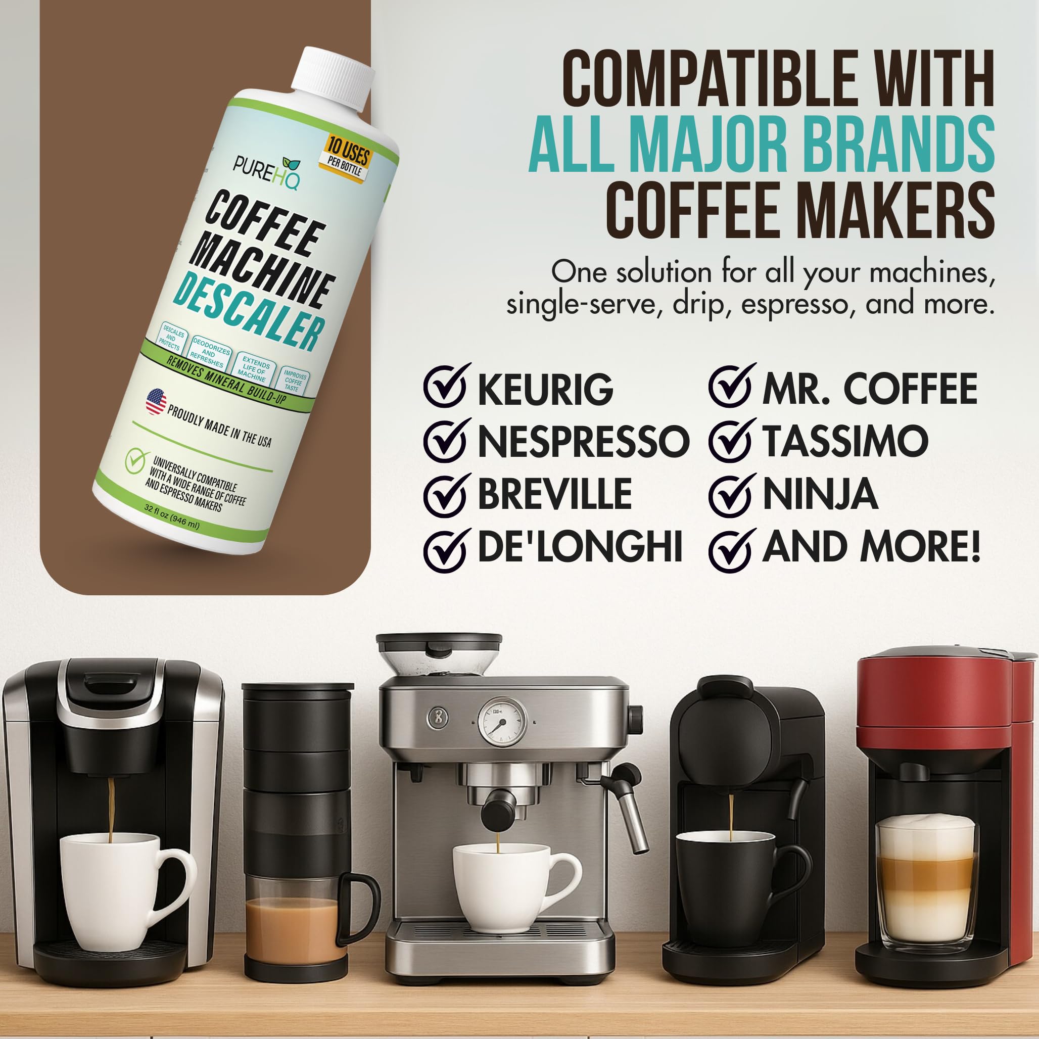 PUREHQ safe espresso descaler protects premium machines during routine maintenance.