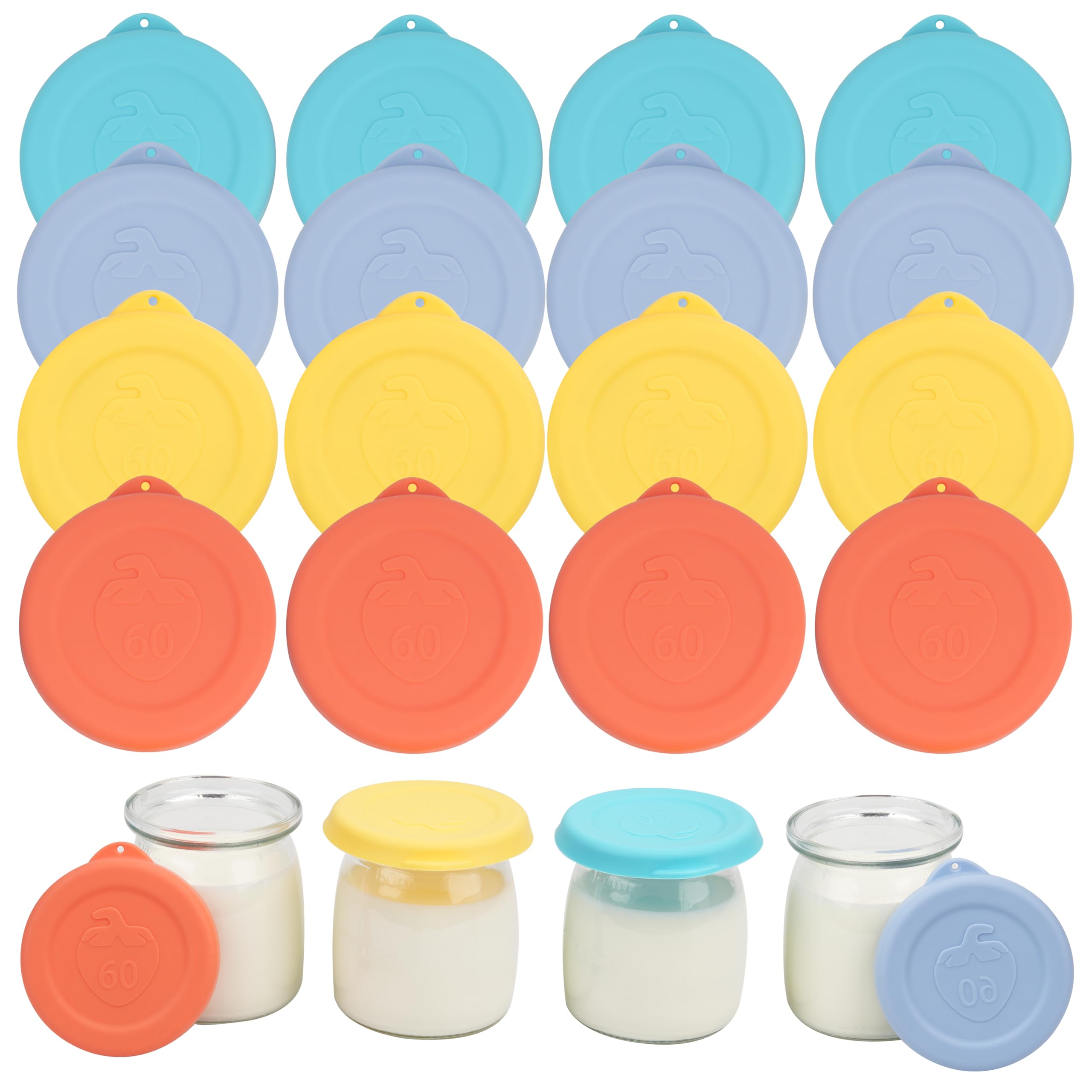 Purekra 16-pack silicone lids for 6oz yogurt jars with airtight seal.