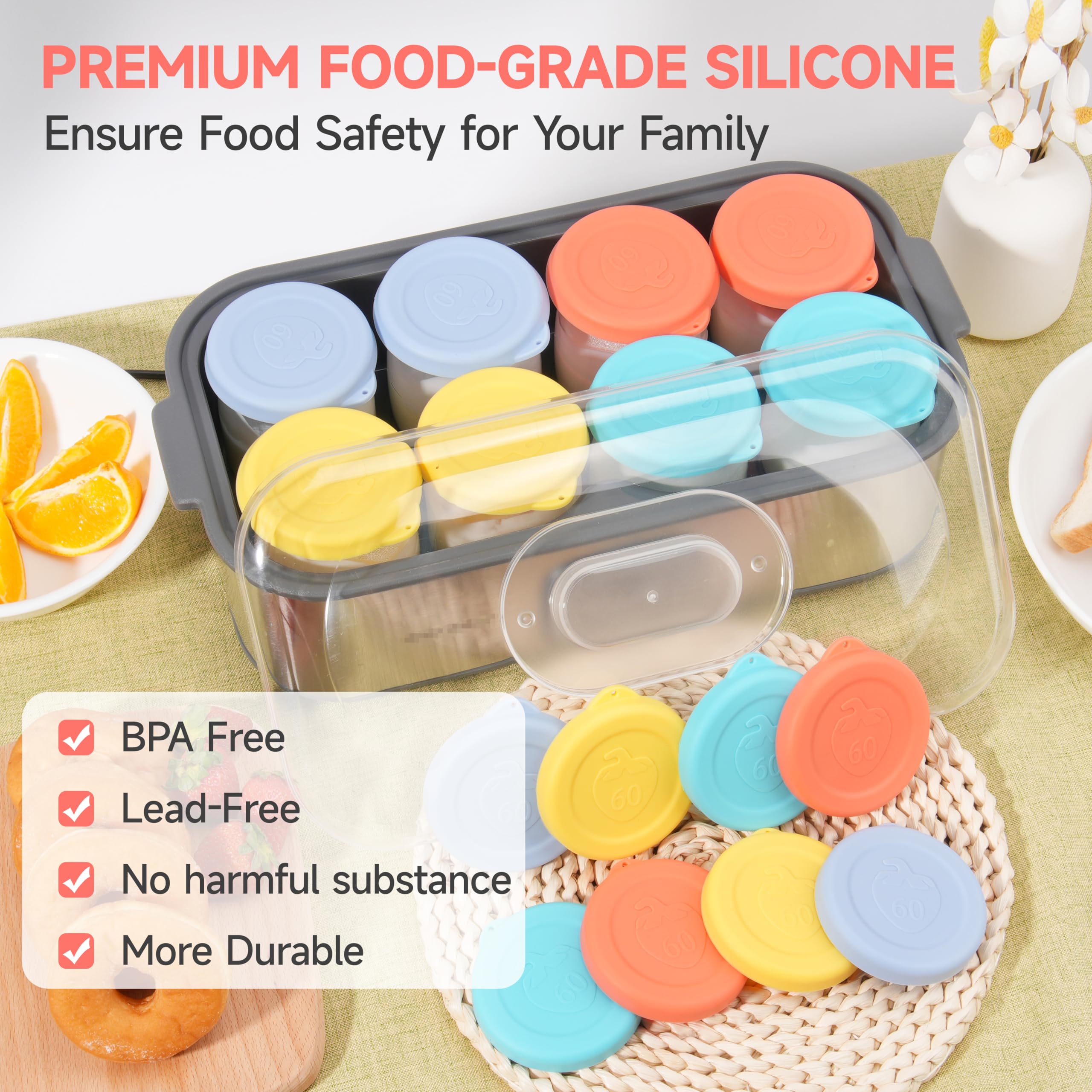 Purekra dishwasher-safe silicone lids for easy cleaning after use.