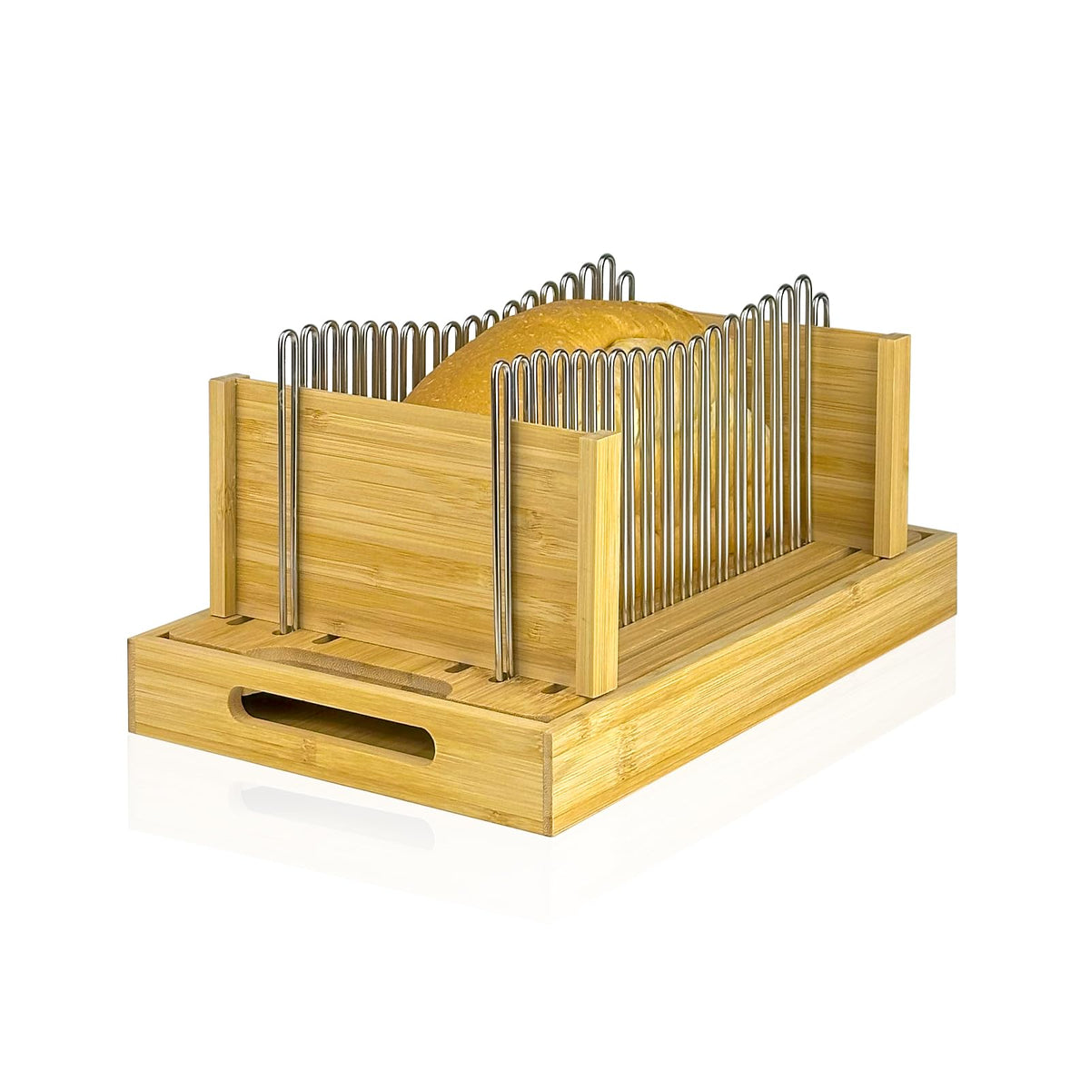 PURENJOY bamboo bread slicer with stainless rails for clean, mess-free slicing.
