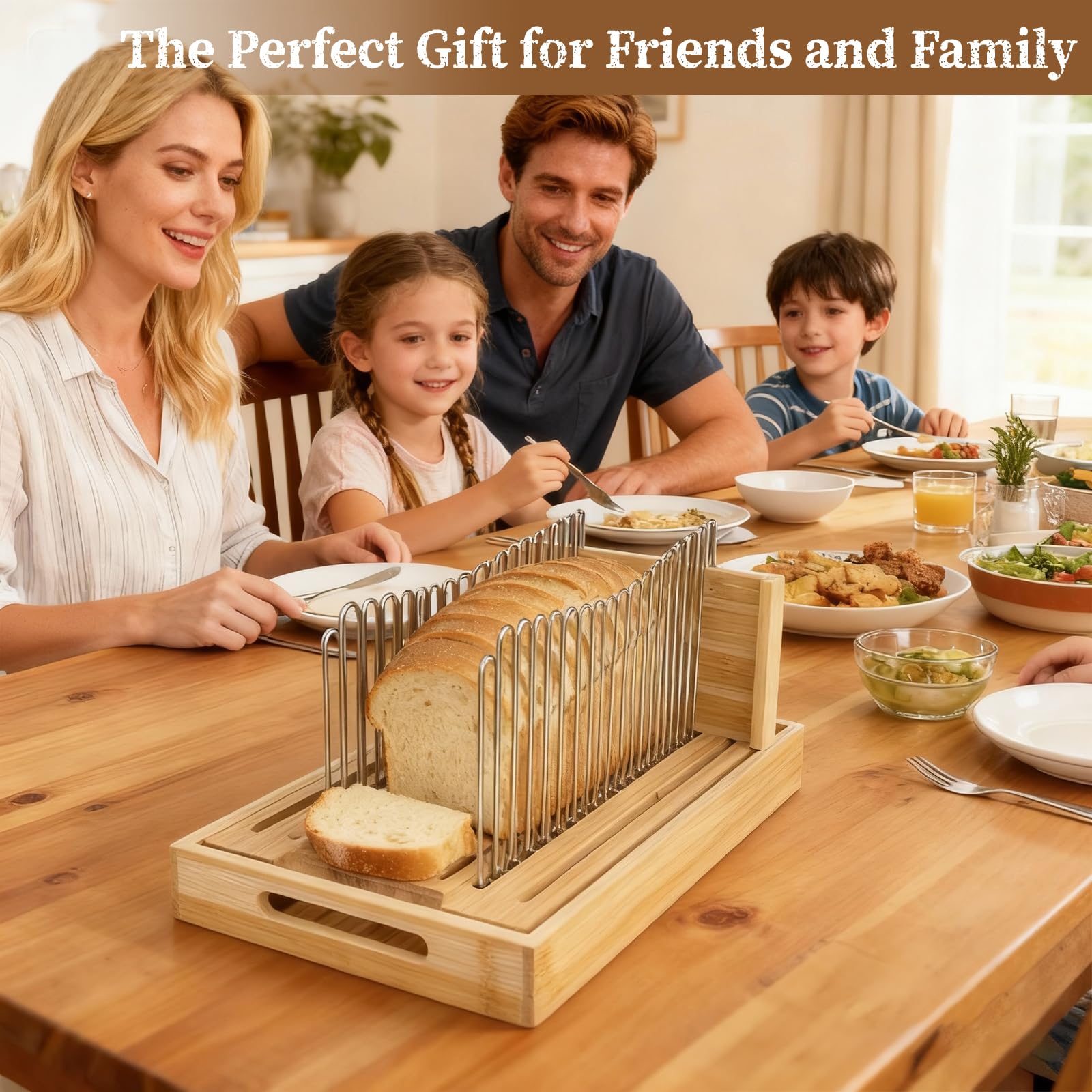 PURENJOY bread slicer doubles as a convenient serving tray for displaying baked goods.