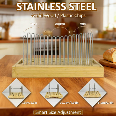 Removable crumb tray on PURENJOY slicer catches crumbs and doubles as serving tray.