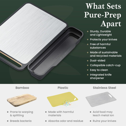 Built-in grater and hanging handle on Pure Prep cutting board