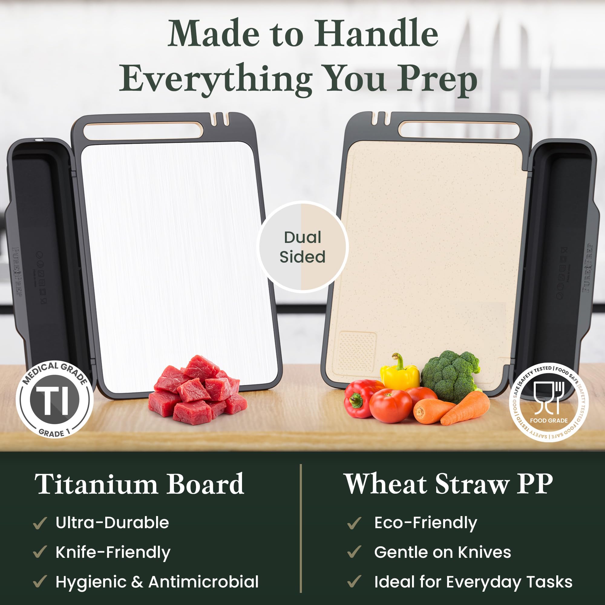 Pure Prep cutting board with collapsible scrap catch bin for easy disposal