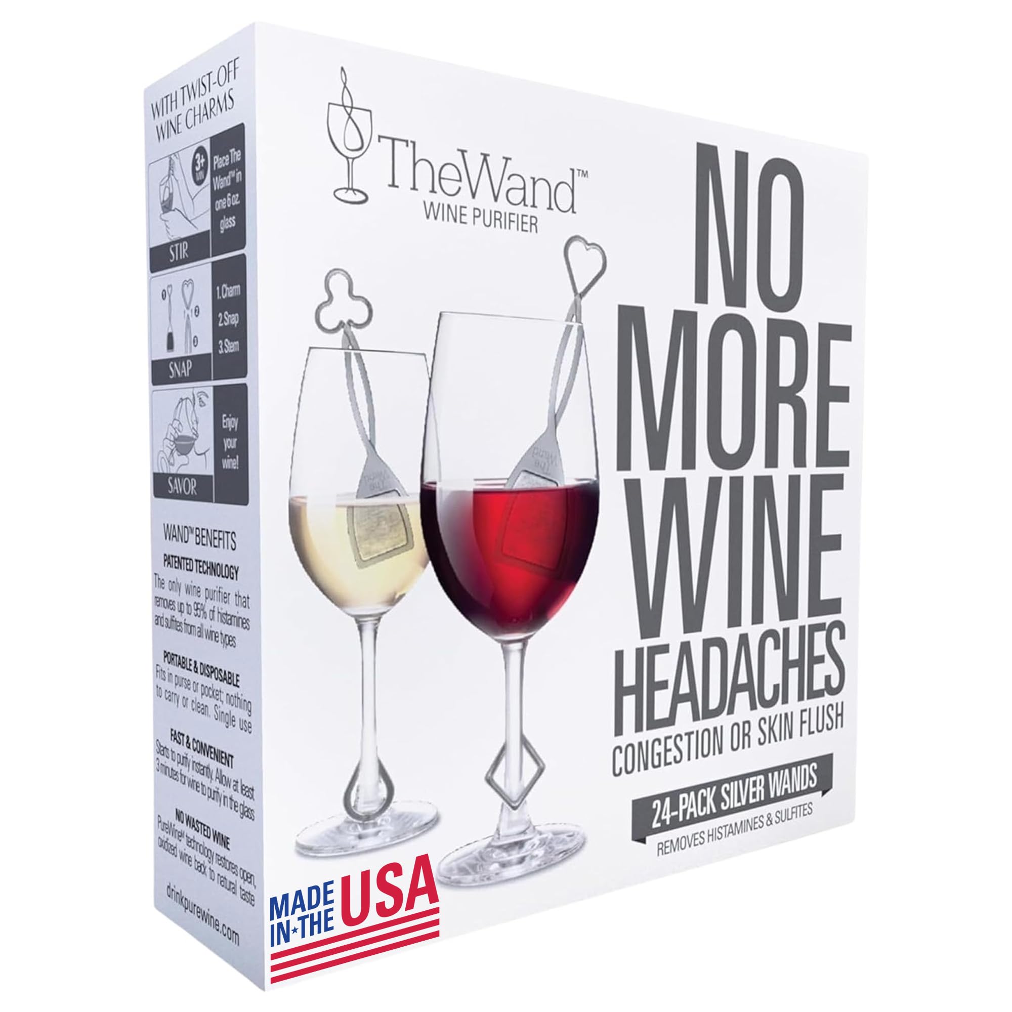 PureWine The Wand purifier shown with a glass of wine for a pure pour.