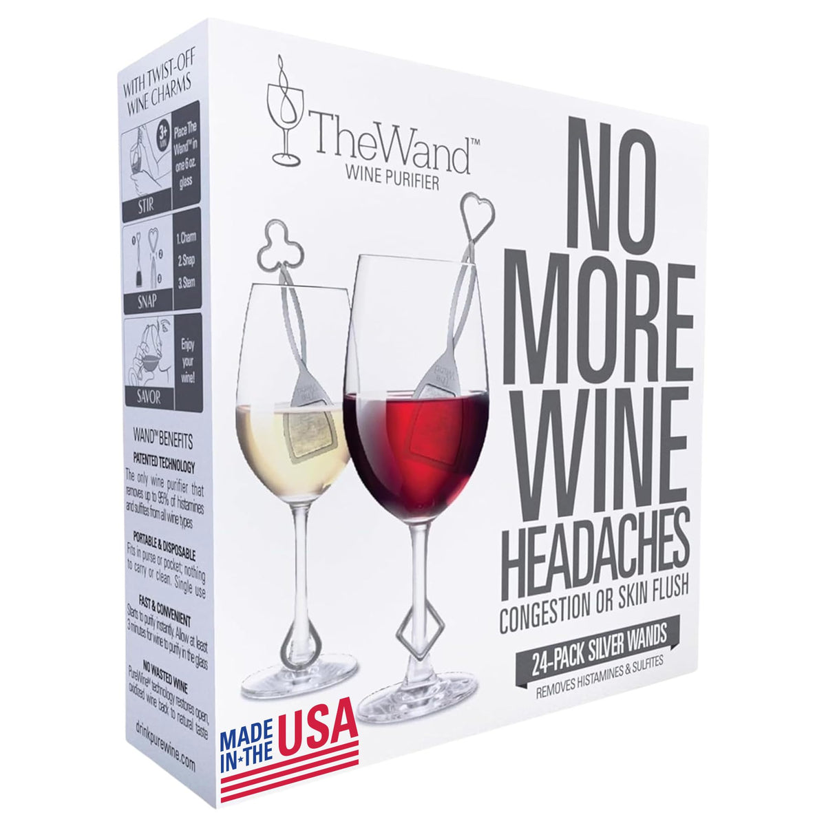 PureWine The Wand purifier shown with a glass of wine for a pure pour.