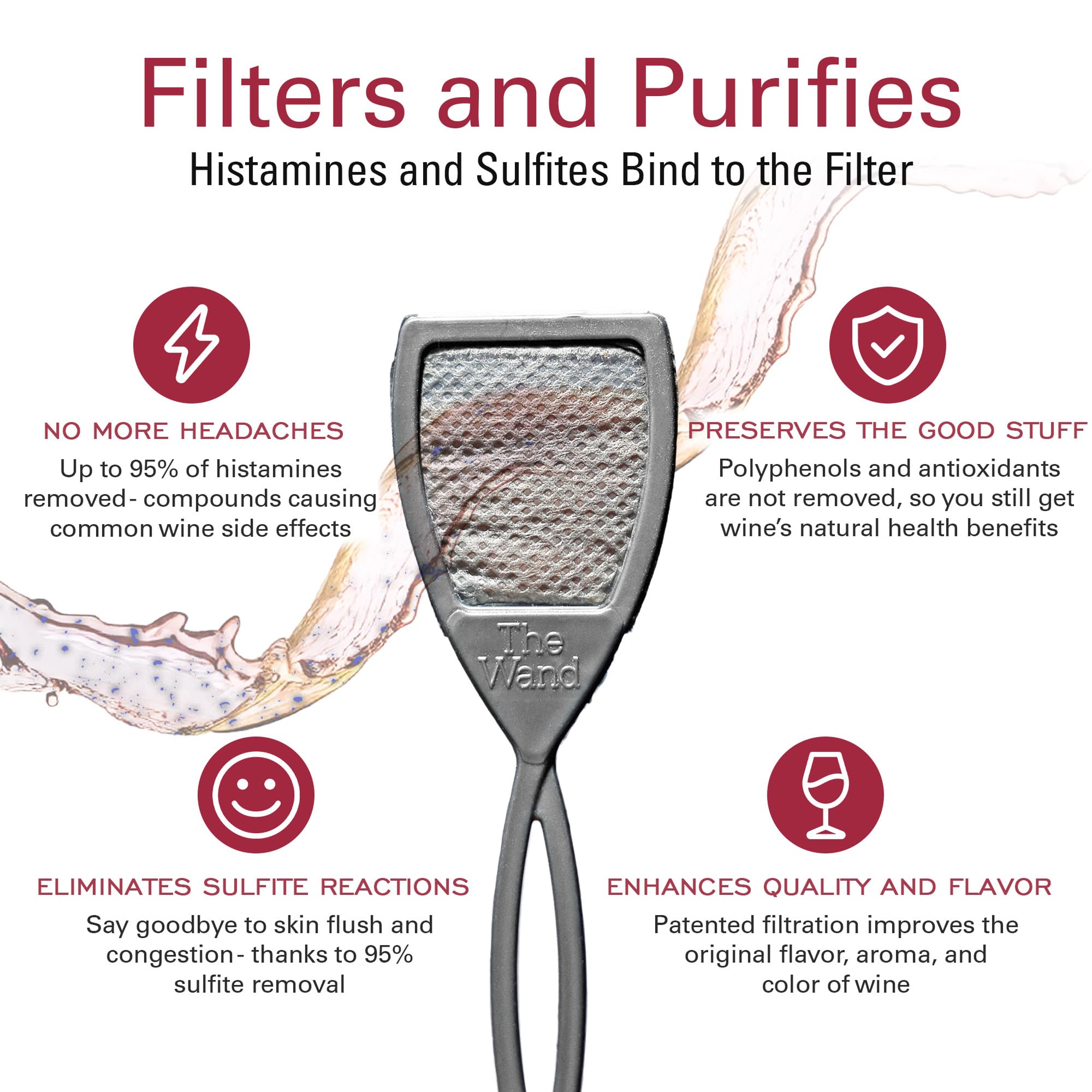 PureWine Wand technology illustration demonstrating stirring action to reduce sulfites and histamines.