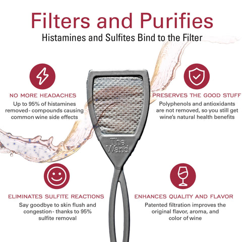 PureWine Wand technology illustration demonstrating stirring action to reduce sulfites and histamines.