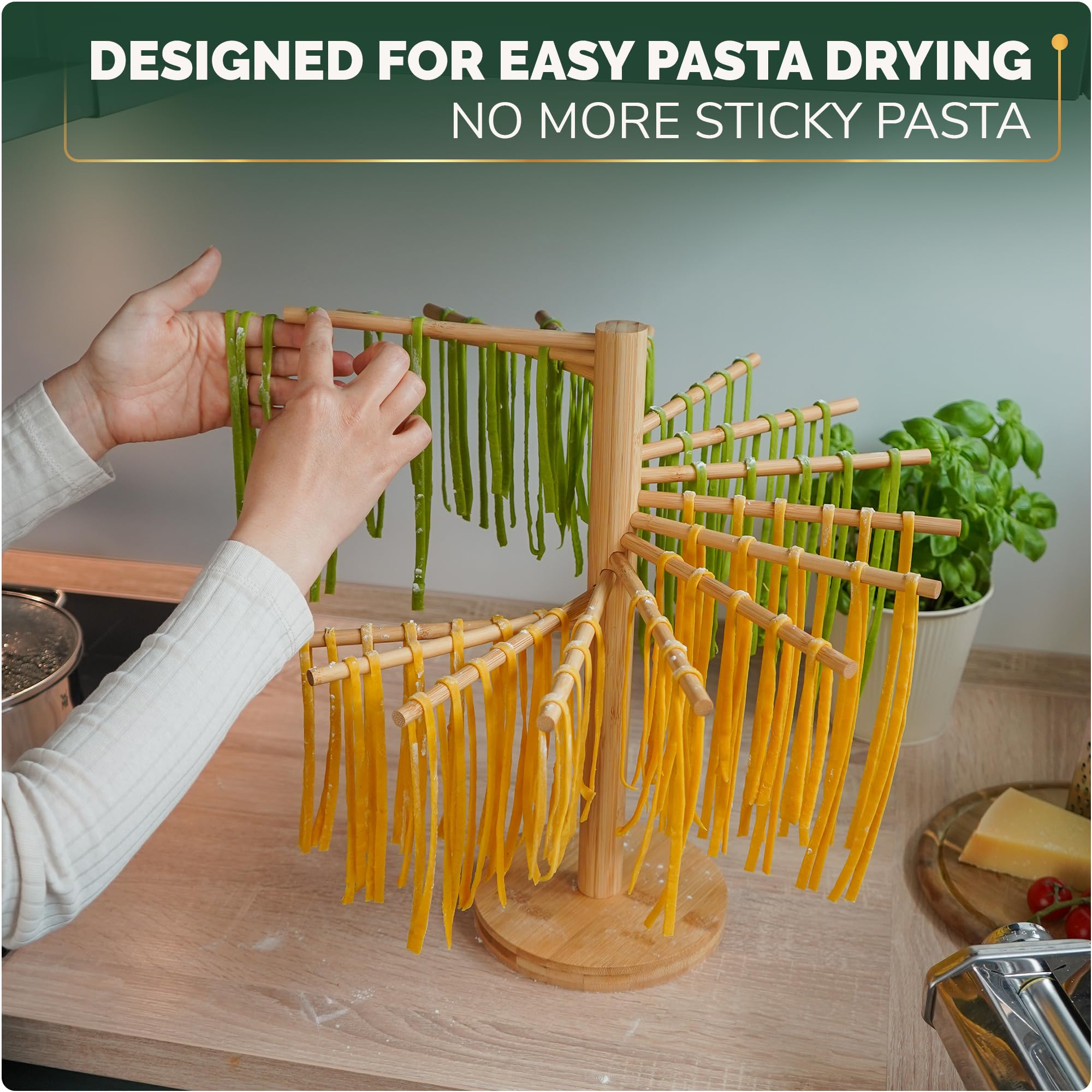 Purewood bamboo rack folded for compact storage, saving kitchen counter space