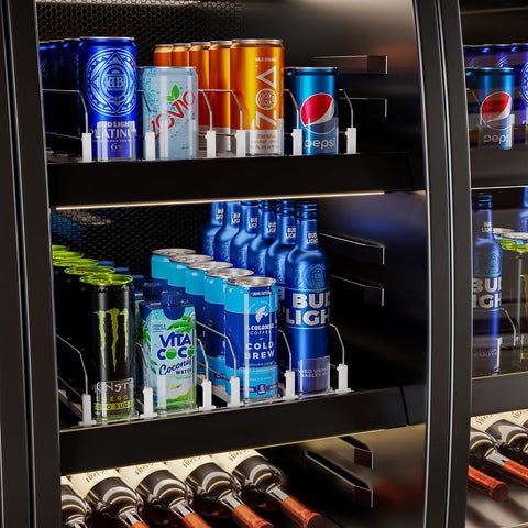Puricon beverage organizer fits multiple sizes to save fridge space