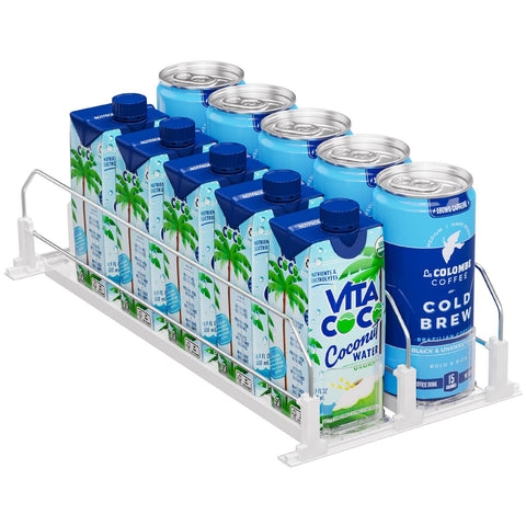 Puricon drink organizer inside fridge with two rows for cans and bottles
