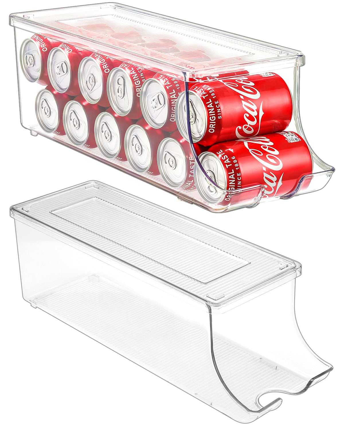 Puricon soda can organizer front view with clear bins for quick beverage identification.